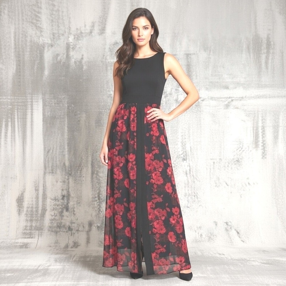 Shelby Nites Womens Black Red Floral Chiffon Overlay Maxi Dress Gown Size 8‎ NEW